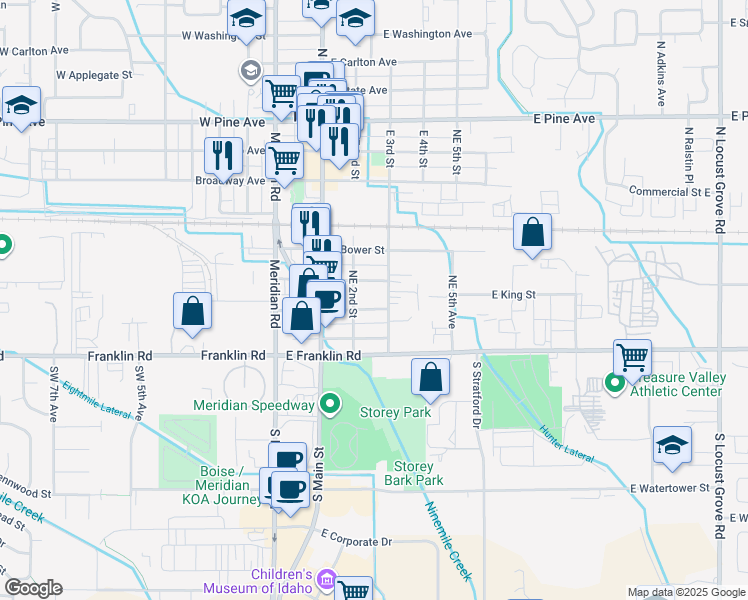 map of restaurants, bars, coffee shops, grocery stores, and more near 228 East King Street in Meridian