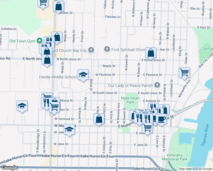 map of restaurants, bars, coffee shops, grocery stores, and more near 510 North Chilson Avenue in Bay City