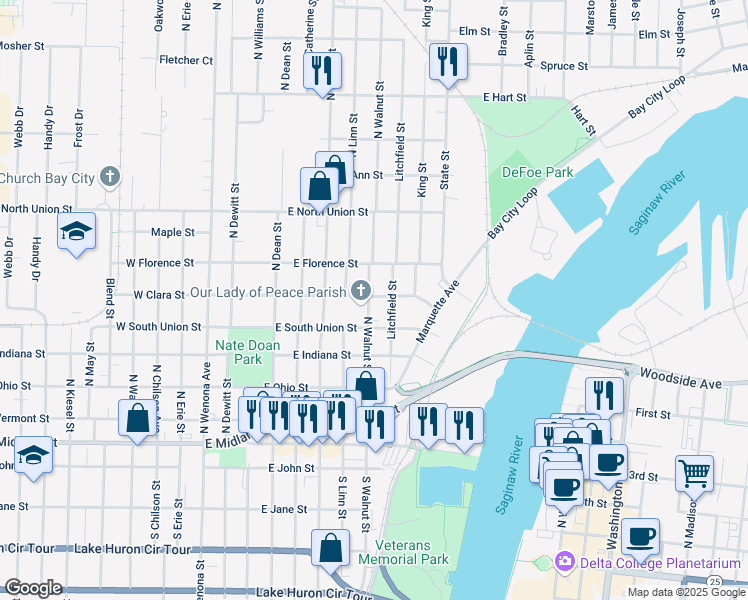 map of restaurants, bars, coffee shops, grocery stores, and more near 510 North Walnut Street in Bay City