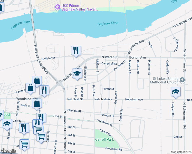 map of restaurants, bars, coffee shops, grocery stores, and more near 105 McEwan Street in Bay City