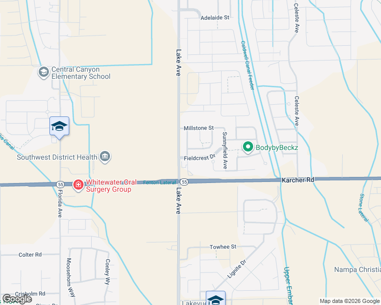 map of restaurants, bars, coffee shops, grocery stores, and more near 12961 Three Point Street in Caldwell