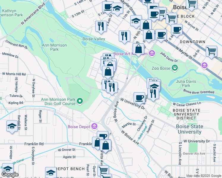 map of restaurants, bars, coffee shops, grocery stores, and more near 818 Ann Morrison Park Drive in Boise