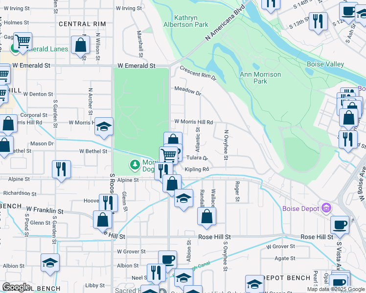 map of restaurants, bars, coffee shops, grocery stores, and more near 250 North Latah Street in Boise