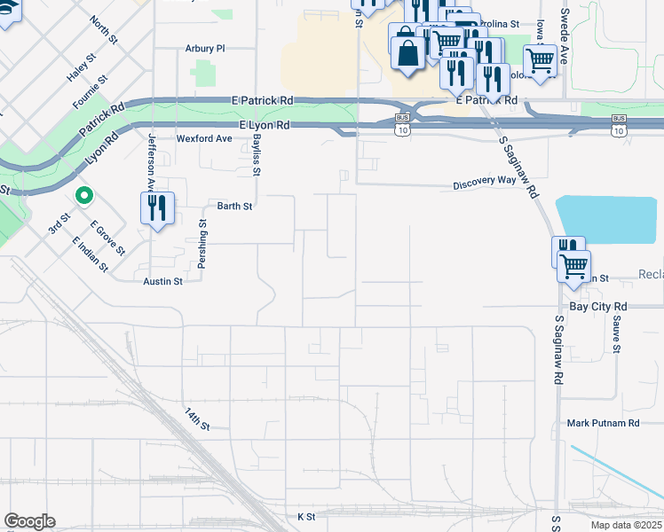 map of restaurants, bars, coffee shops, grocery stores, and more near 627-693 Washington Street in Midland