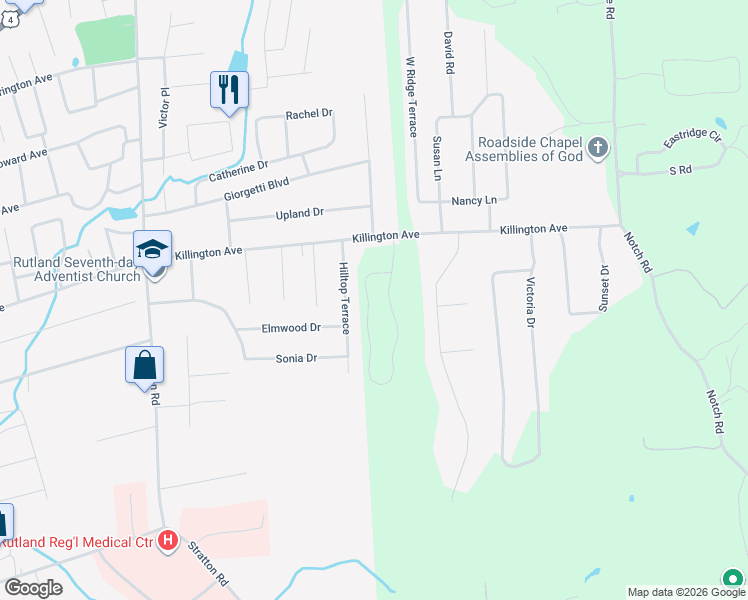 map of restaurants, bars, coffee shops, grocery stores, and more near 223 Carmel Place in Rutland
