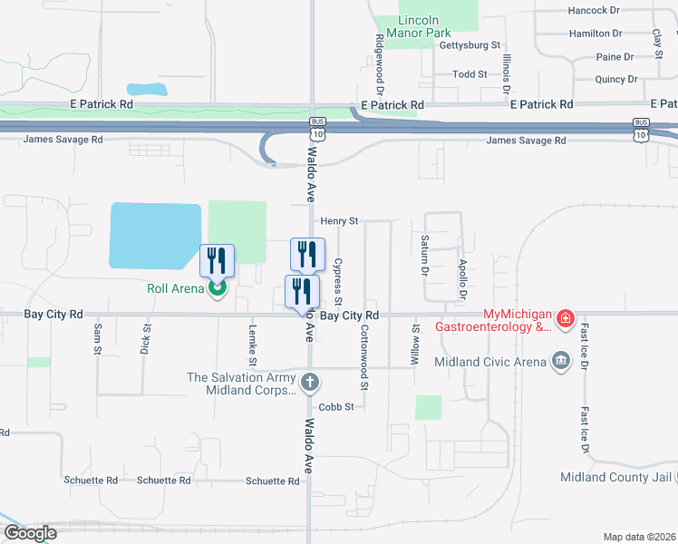 map of restaurants, bars, coffee shops, grocery stores, and more near 613 Cypress Street in Midland