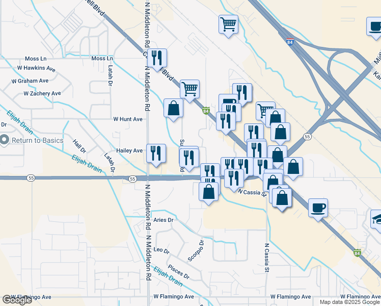 map of restaurants, bars, coffee shops, grocery stores, and more near 2424 Sundance Road in Nampa