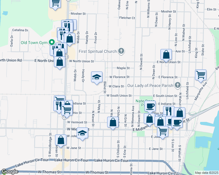map of restaurants, bars, coffee shops, grocery stores, and more near 511 North Warner Street in Bay City