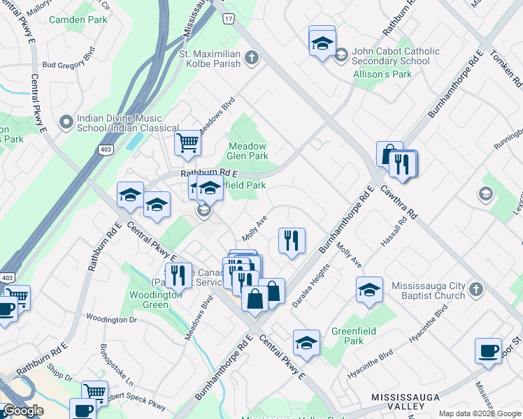 map of restaurants, bars, coffee shops, grocery stores, and more near 478 Caribbean Court in Mississauga