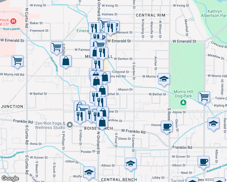 map of restaurants, bars, coffee shops, grocery stores, and more near 4822 Bethel Street in Boise