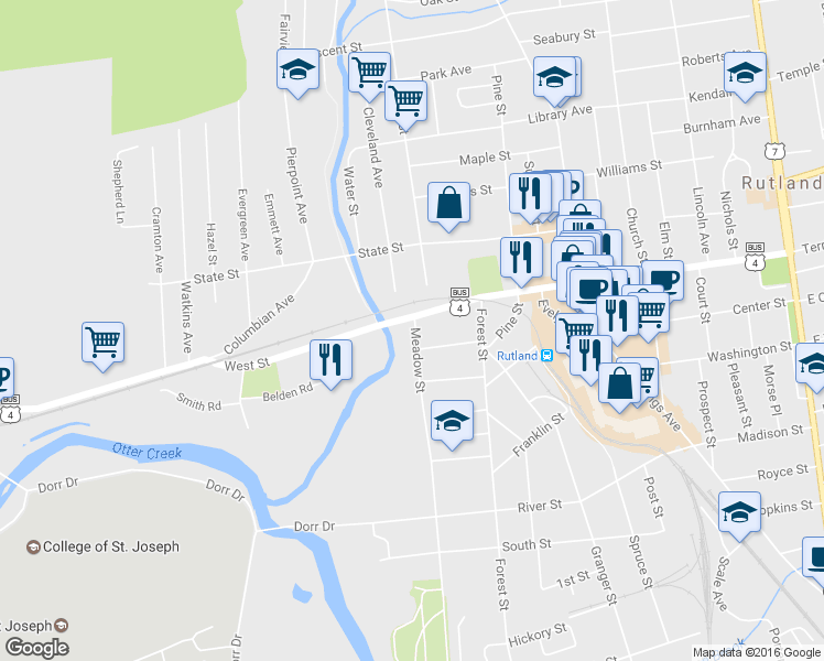 map of restaurants, bars, coffee shops, grocery stores, and more near 3 Meadow Street in Rutland