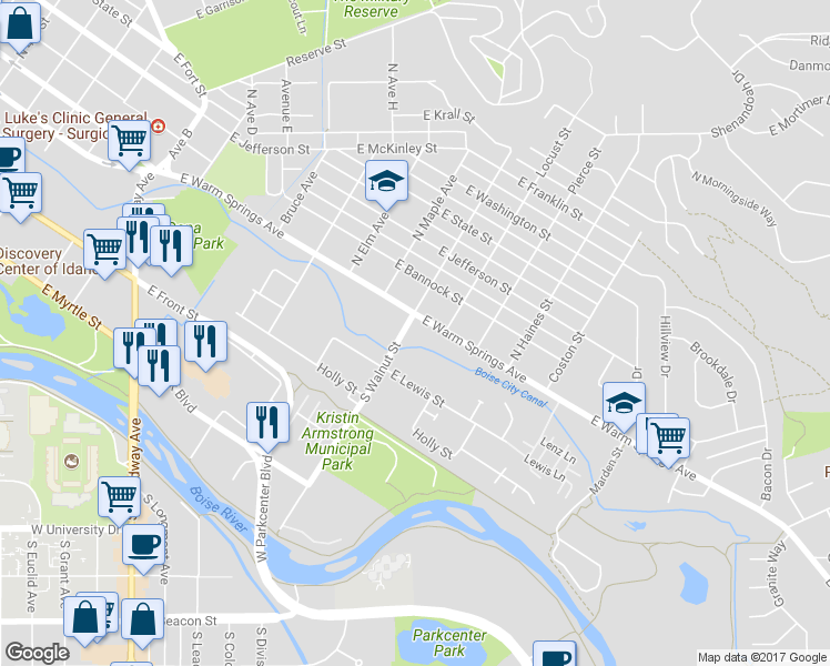 map of restaurants, bars, coffee shops, grocery stores, and more near 1109 East Warm Springs Avenue in Boise
