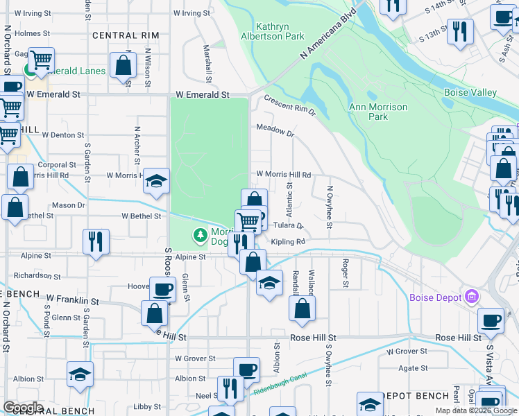 map of restaurants, bars, coffee shops, grocery stores, and more near 250 North Latah Street in Boise