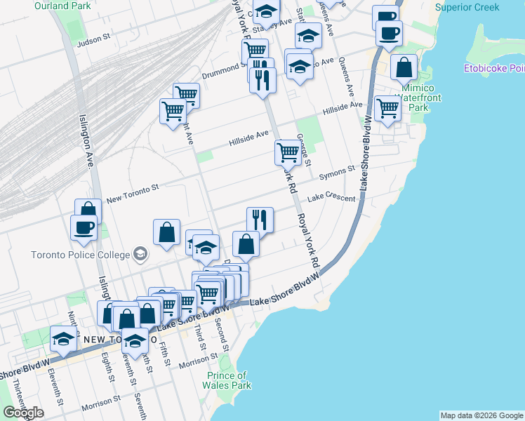 map of restaurants, bars, coffee shops, grocery stores, and more near 94 Lake Crescent in Toronto