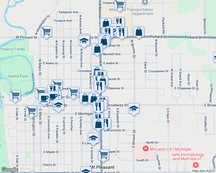 map of restaurants, bars, coffee shops, grocery stores, and more near 825 East Chippewa Street in Mount Pleasant