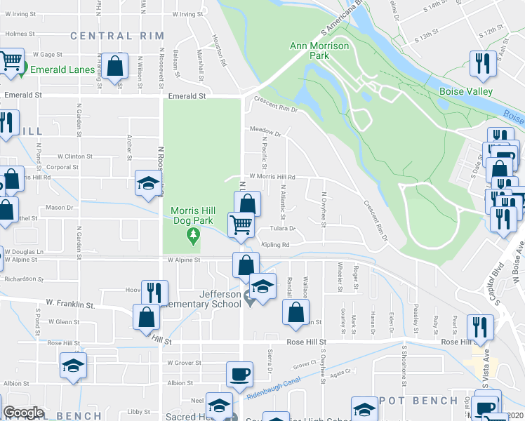 map of restaurants, bars, coffee shops, grocery stores, and more near 250 North Latah Street in Boise