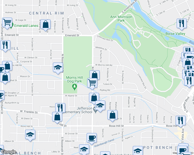 map of restaurants, bars, coffee shops, grocery stores, and more near 250 North Latah Street in Boise