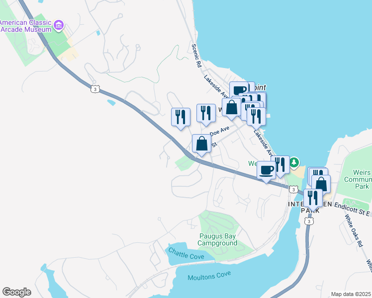 map of restaurants, bars, coffee shops, grocery stores, and more near 258 Endicott Street North in Laconia