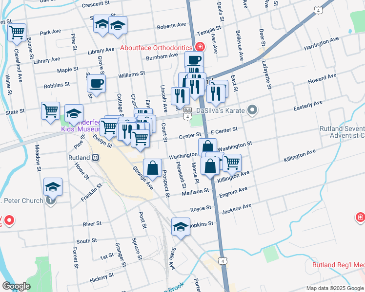 map of restaurants, bars, coffee shops, grocery stores, and more near 17 Washington Street in Rutland
