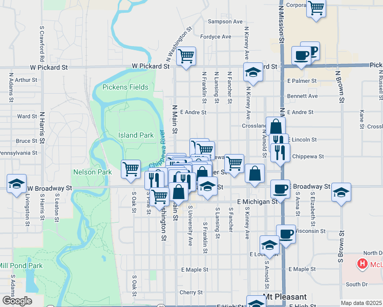 map of restaurants, bars, coffee shops, grocery stores, and more near 301-399 North University Avenue in Mount Pleasant