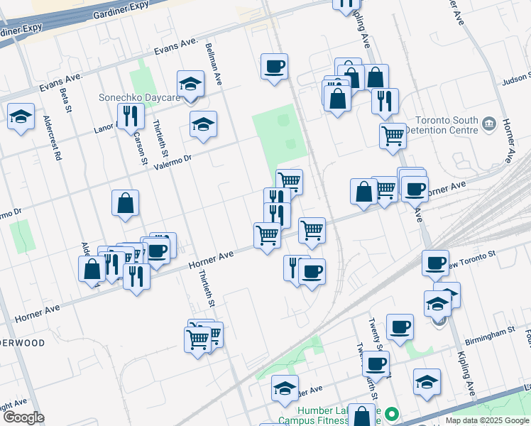 map of restaurants, bars, coffee shops, grocery stores, and more near 22 Connorvale Avenue in Toronto