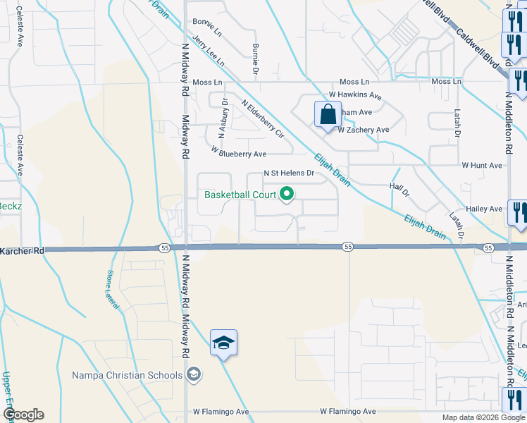 map of restaurants, bars, coffee shops, grocery stores, and more near 11734 West Crested Butte Avenue in Nampa