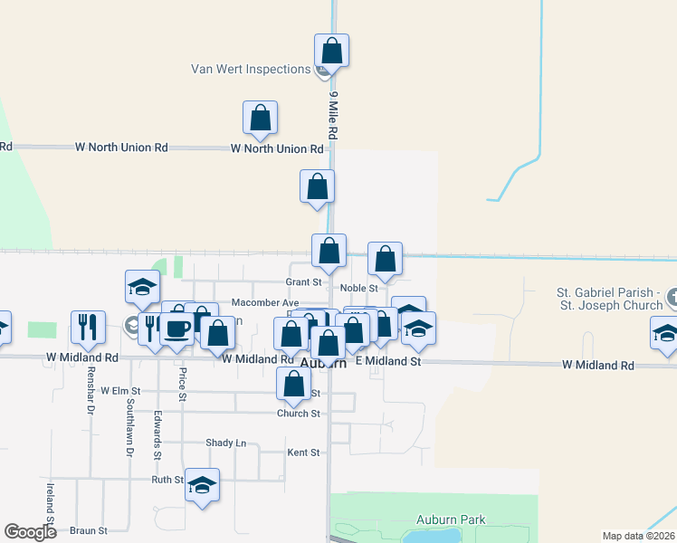 map of restaurants, bars, coffee shops, grocery stores, and more near 308 North Auburn Road in Auburn