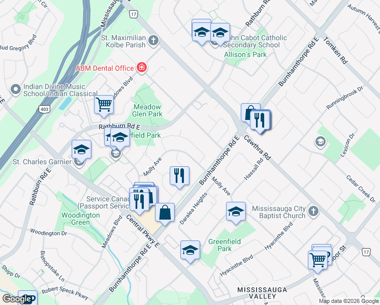 map of restaurants, bars, coffee shops, grocery stores, and more near 4063 Molly Avenue in Mississauga