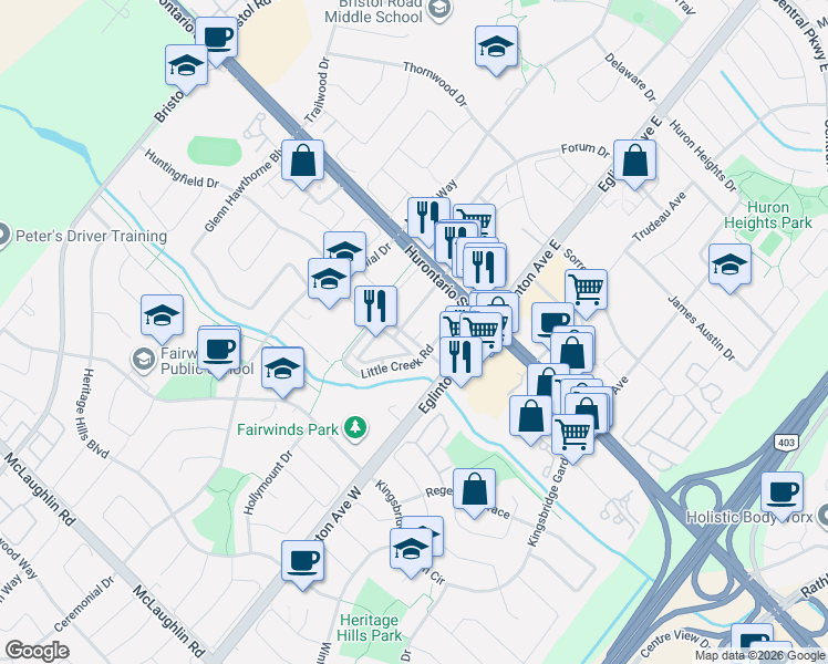 map of restaurants, bars, coffee shops, grocery stores, and more near in Mississauga