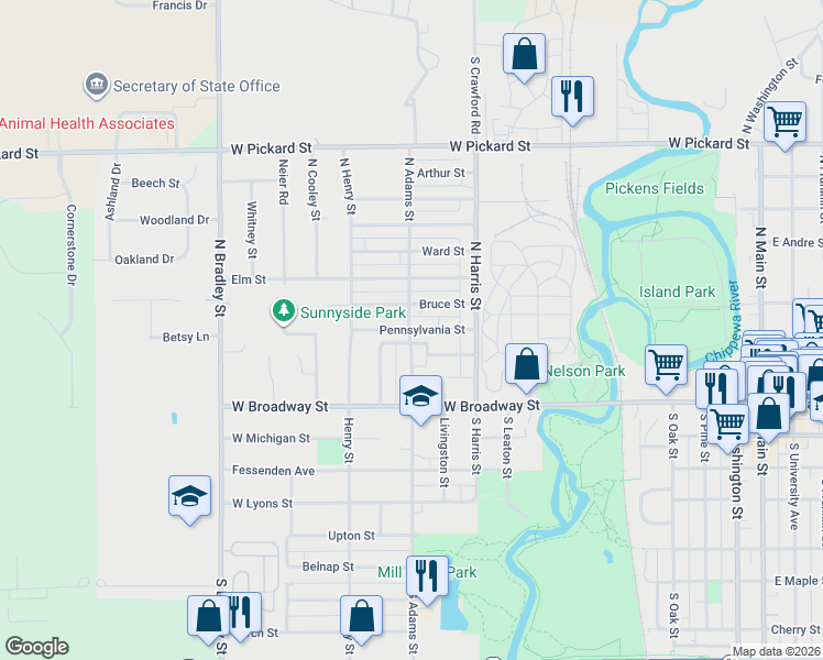 map of restaurants, bars, coffee shops, grocery stores, and more near 1199 Pennsylvania St in Mt Pleasant