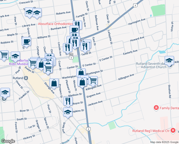map of restaurants, bars, coffee shops, grocery stores, and more near 11 East Washington Street in Rutland