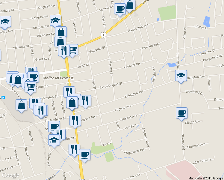map of restaurants, bars, coffee shops, grocery stores, and more near 77 Lafayette St in Rutland