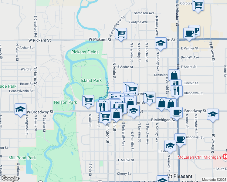 map of restaurants, bars, coffee shops, grocery stores, and more near 331 N Main St in Mt Pleasant