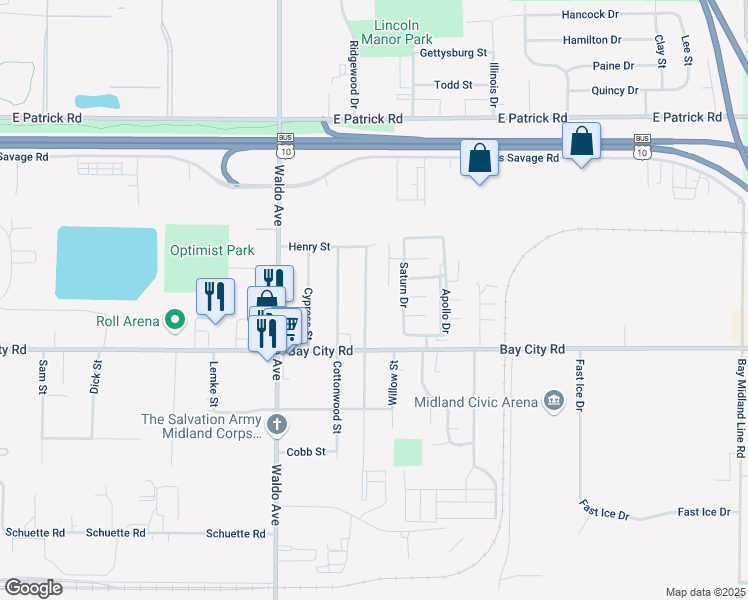 map of restaurants, bars, coffee shops, grocery stores, and more near 612 Hemlock Street in Midland