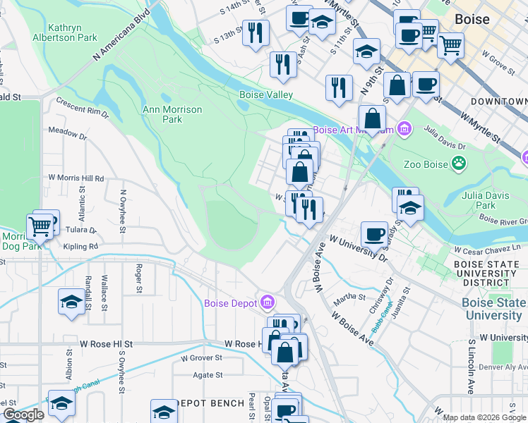 map of restaurants, bars, coffee shops, grocery stores, and more near Ann Morrison Park Dr in Boise