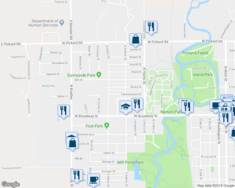 map of restaurants, bars, coffee shops, grocery stores, and more near 1304 Pennsylvania Street in Mount Pleasant