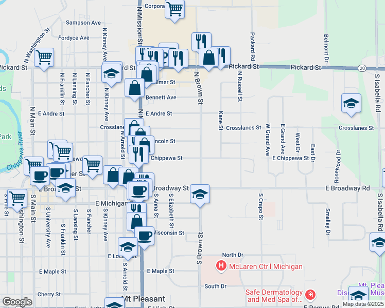 map of restaurants, bars, coffee shops, grocery stores, and more near 1109 East Chippewa Street in Mount Pleasant