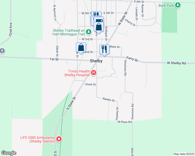 map of restaurants, bars, coffee shops, grocery stores, and more near 110 South Michigan Avenue in Shelby