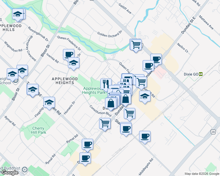 map of restaurants, bars, coffee shops, grocery stores, and more near 1168 Arena Road in Mississauga