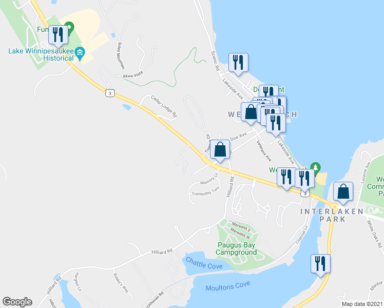 map of restaurants, bars, coffee shops, grocery stores, and more near 258 Endicott Street North in Laconia