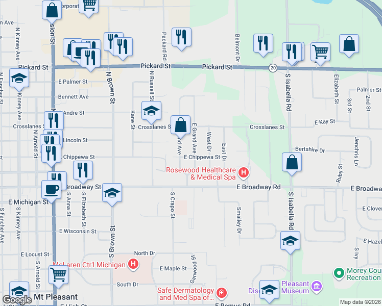 map of restaurants, bars, coffee shops, grocery stores, and more near 301 East Grand Avenue in Mount Pleasant