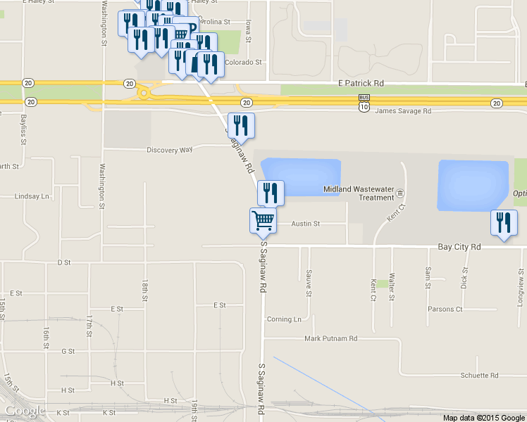 map of restaurants, bars, coffee shops, grocery stores, and more near 2929 S Saginaw Rd in Midland