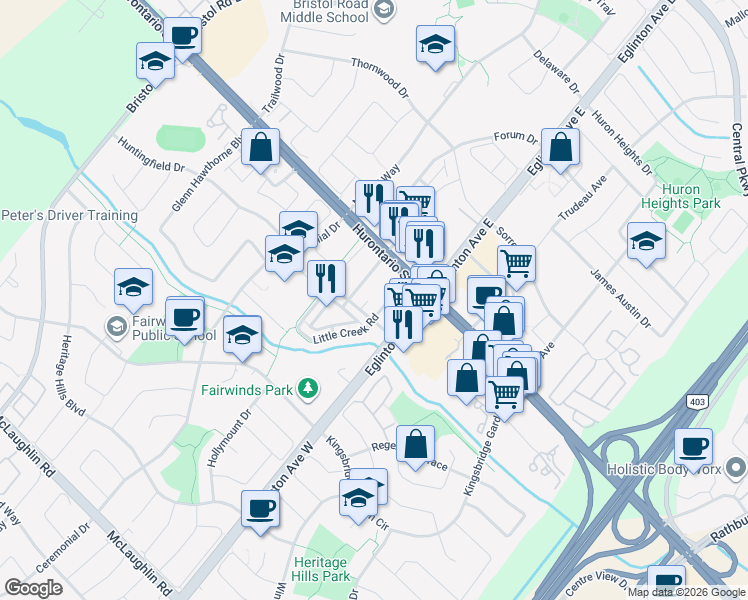 map of restaurants, bars, coffee shops, grocery stores, and more near 5025 Four Springs Avenue in Mississauga