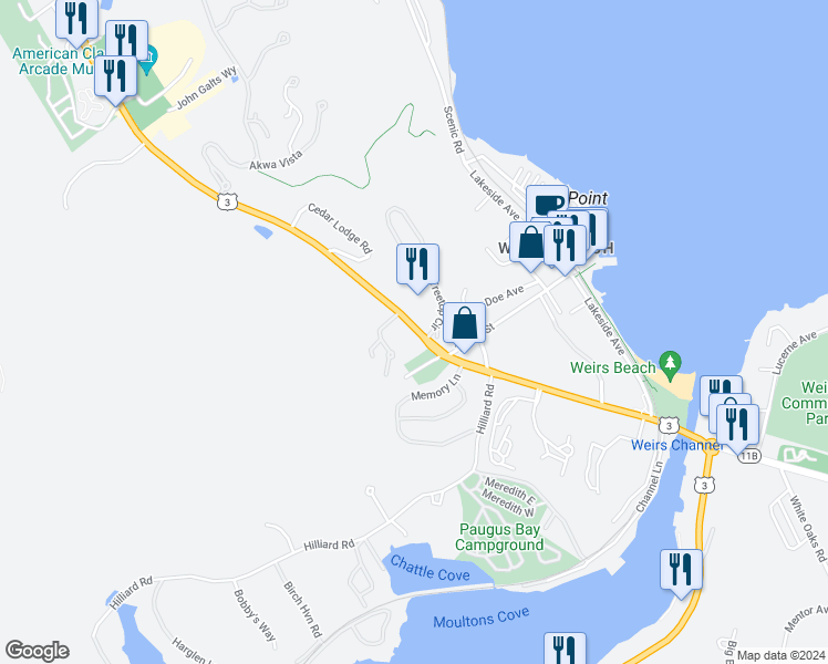 map of restaurants, bars, coffee shops, grocery stores, and more near 258 Endicott Street North in Laconia