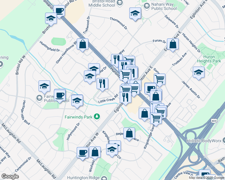 map of restaurants, bars, coffee shops, grocery stores, and more near in Mississauga