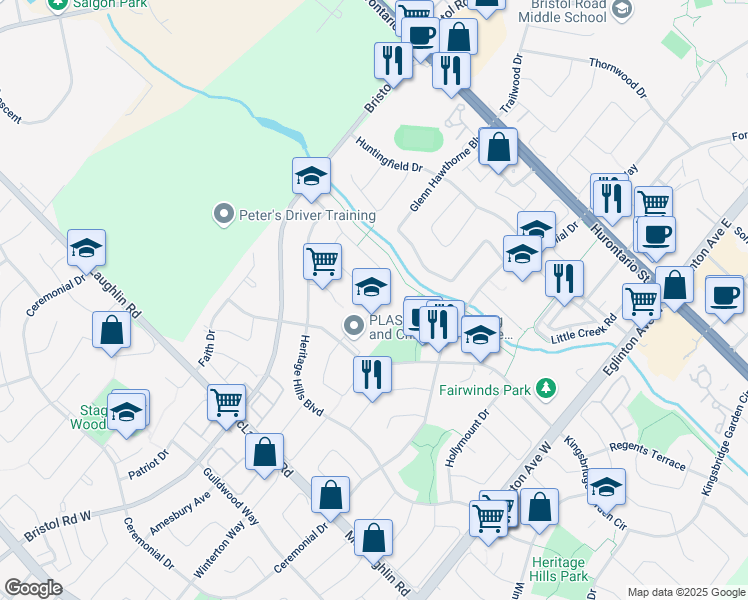 map of restaurants, bars, coffee shops, grocery stores, and more near 5261 Swiftcurrent Trail in Mississauga