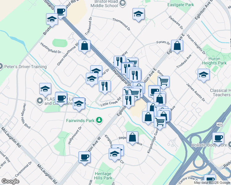 map of restaurants, bars, coffee shops, grocery stores, and more near 5033 Four Springs Avenue in Mississauga