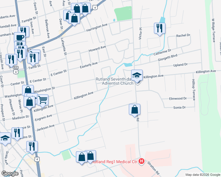 map of restaurants, bars, coffee shops, grocery stores, and more near 130 Killington Avenue in Rutland