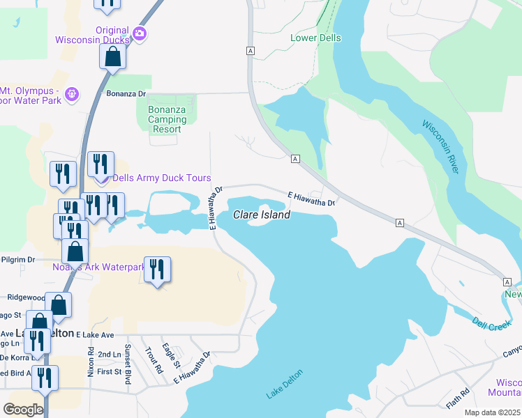 map of restaurants, bars, coffee shops, grocery stores, and more near 20 Clare Isle in Wisconsin Dells