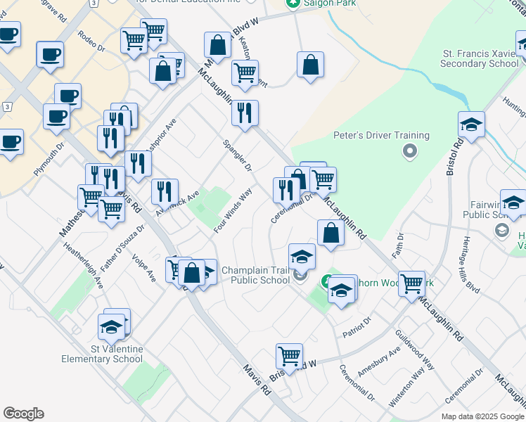 map of restaurants, bars, coffee shops, grocery stores, and more near 584 Roselaire Trail in Mississauga